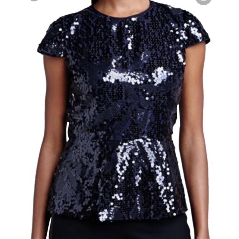 Elie Tahari Navy Blue Sequin Peplum Top
